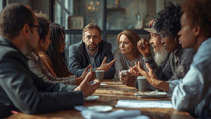 En mångsidig grupp diskuterar livligt runt ett bord med kaffe